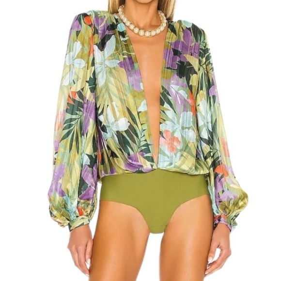 BRONX AND BANCO Tropics Bodysuit | US 8/L | Balloon Sleeve | Green Multi - Picture 3 of 14
